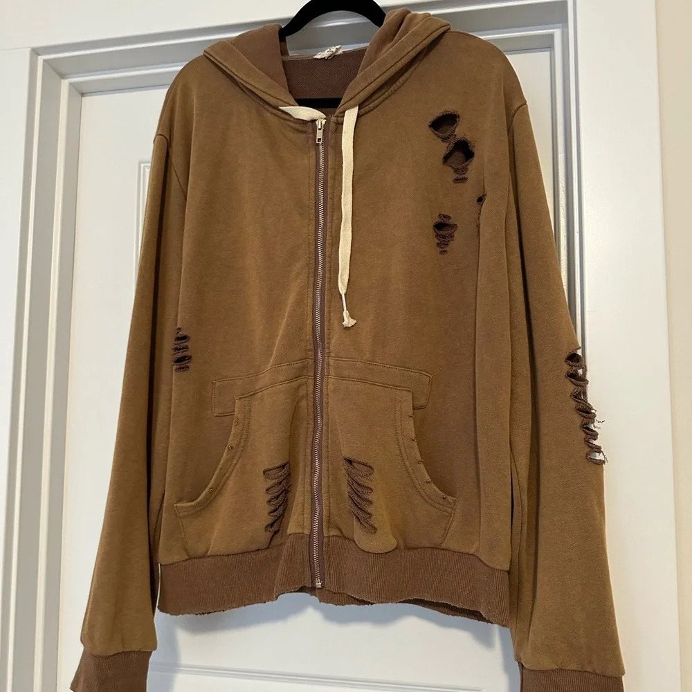 Nwot Camel distressed zip up hoodie